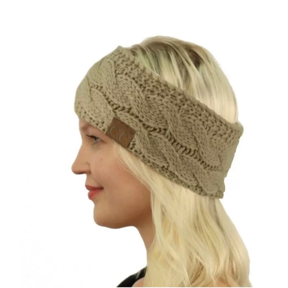 C.C. Winter Fuzzy Fleece Lined Thick Knitted Headband Headwrap Earwarmer, Beige